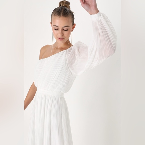 Size L Lulus Always Loving You White Pleated One-Shoulder Midi Dress - Picture 5 of 9